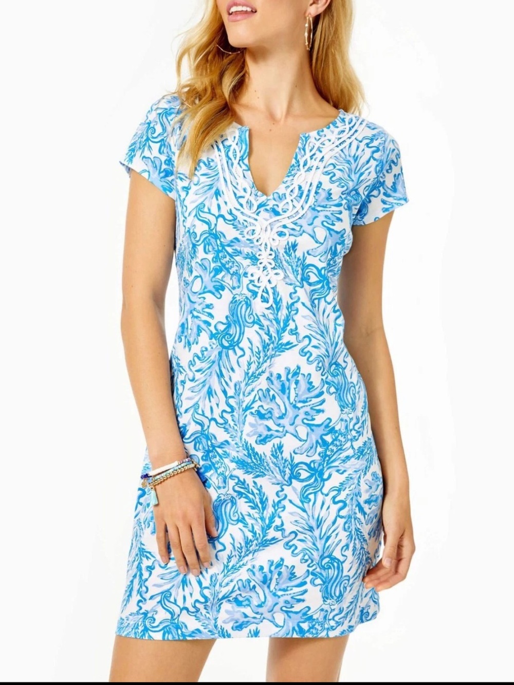 Lilly Pulitzer Brewster T shirt Dress Pima Cotton Coral blue white aqua large